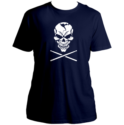 Navy Blue Skull & Drumsticks Unisex T-Shirt with white music-inspired skull print