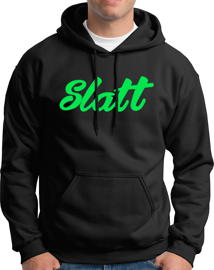 Black Slatt Unisex Hoodie with bold green Slatt typography print by Garrari
