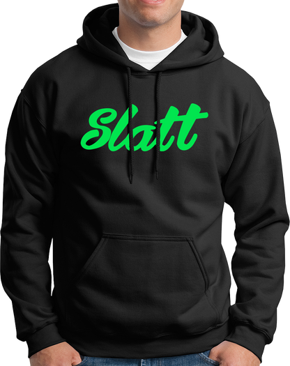 Black Slatt Unisex Hoodie with bold green Slatt typography print by Garrari