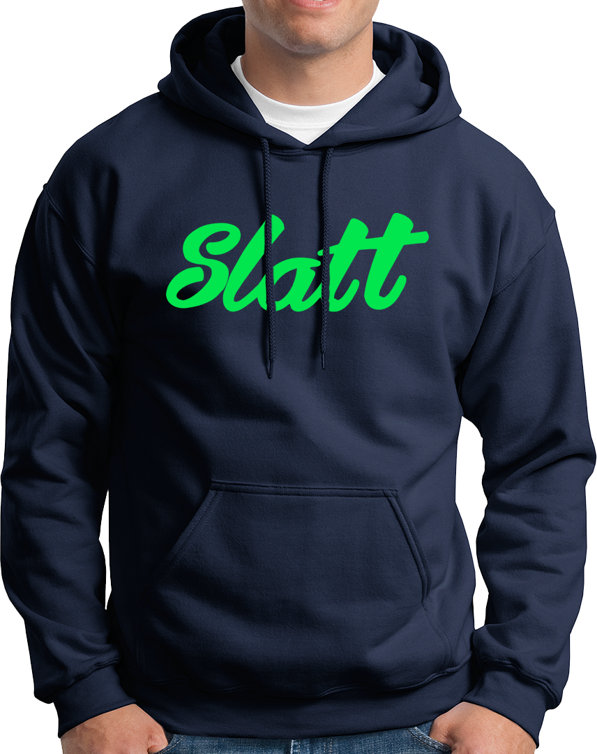 Navy Blue Slatt Unisex Hoodie with MC Stan-inspired Slatt chest print by Garrari