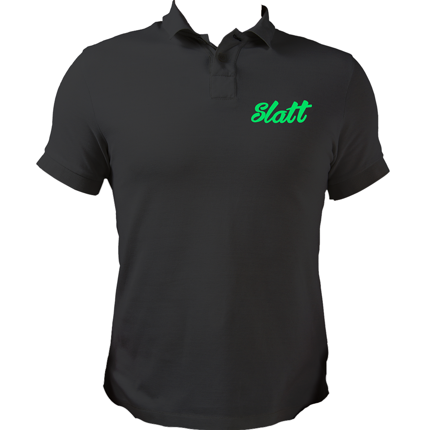 Black Slatt Unisex Polo with small green chest typography by Garrari