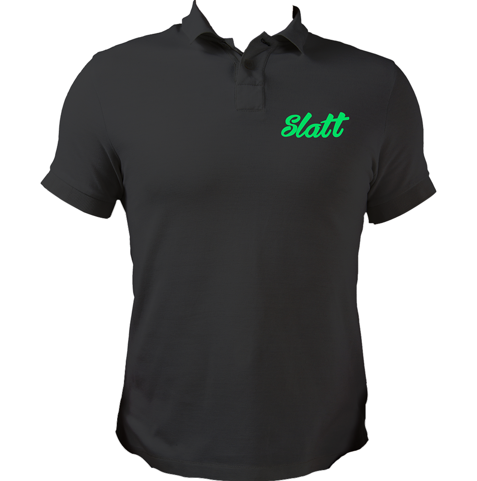 Black Slatt Unisex Polo with small green chest typography by Garrari