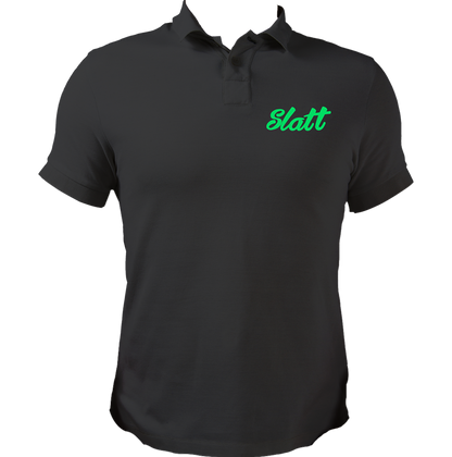 Black Slatt Unisex Polo with small green chest typography by Garrari