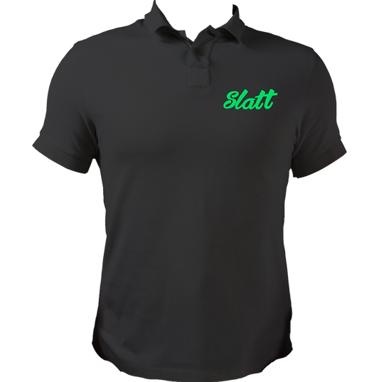 Black Slatt Unisex Polo with small green chest typography by Garrari