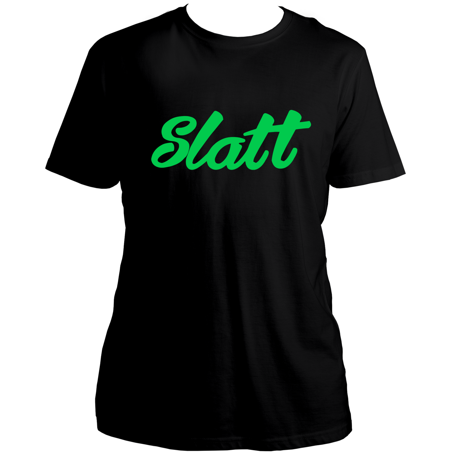 Black Slatt Unisex T-Shirt with bold green typography print by Garrari