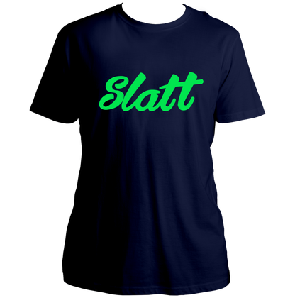 Black Slatt Unisex T-Shirt with bold green typography print by Garrari