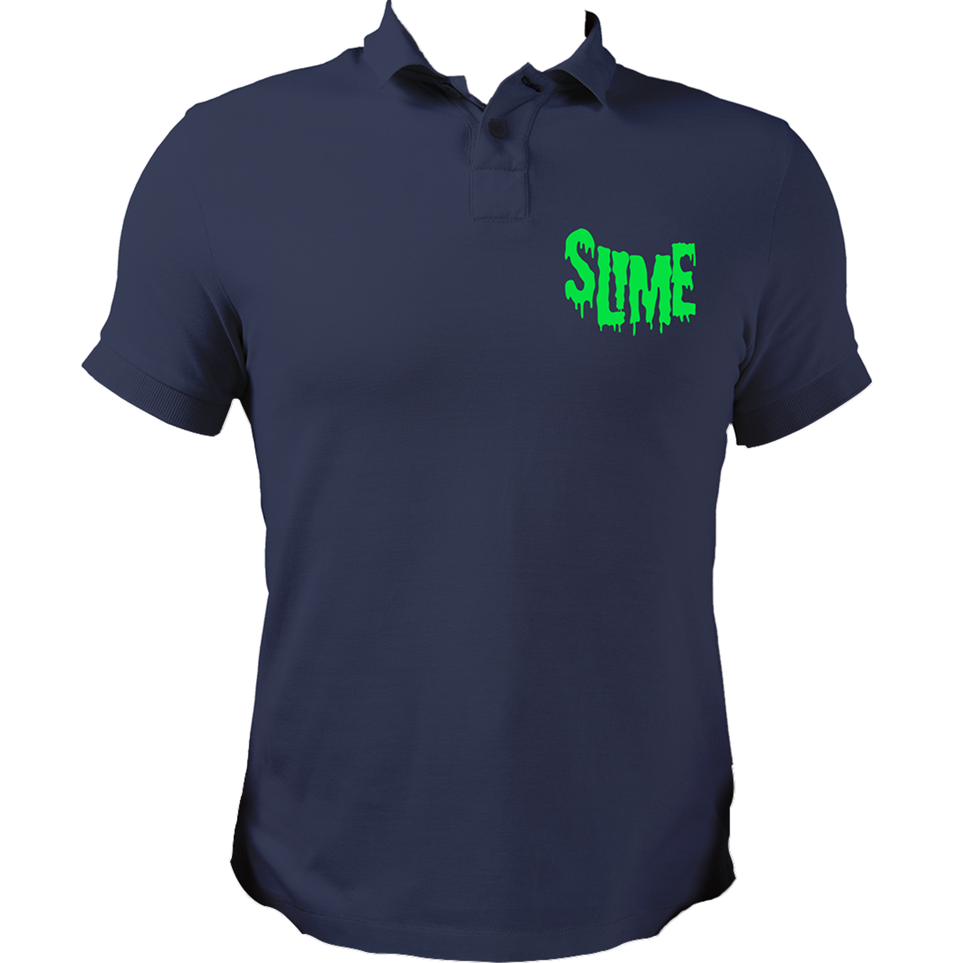Navy Blue Slime Polo T-Shirt with neon green dripping SLIME chest graphic