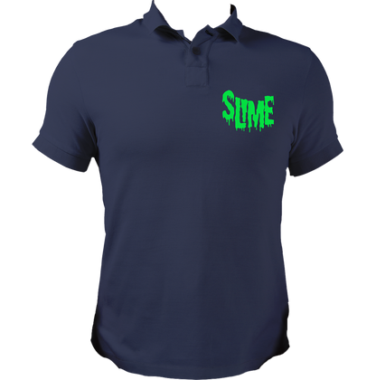 Navy Blue Slime Polo T-Shirt with neon green dripping SLIME chest graphic