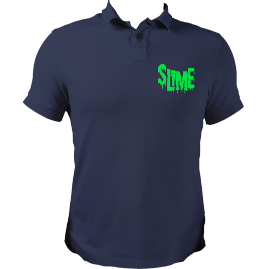 Navy Blue Slime Polo T-Shirt with neon green dripping SLIME chest graphic