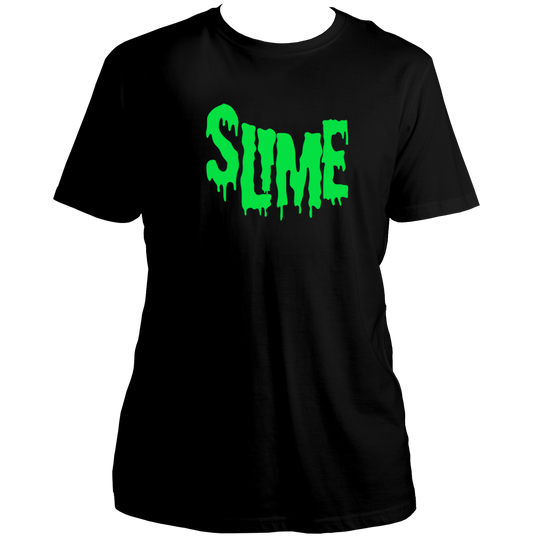 Slime Unisex T-Shirt with neon green dripping typography graphic on black