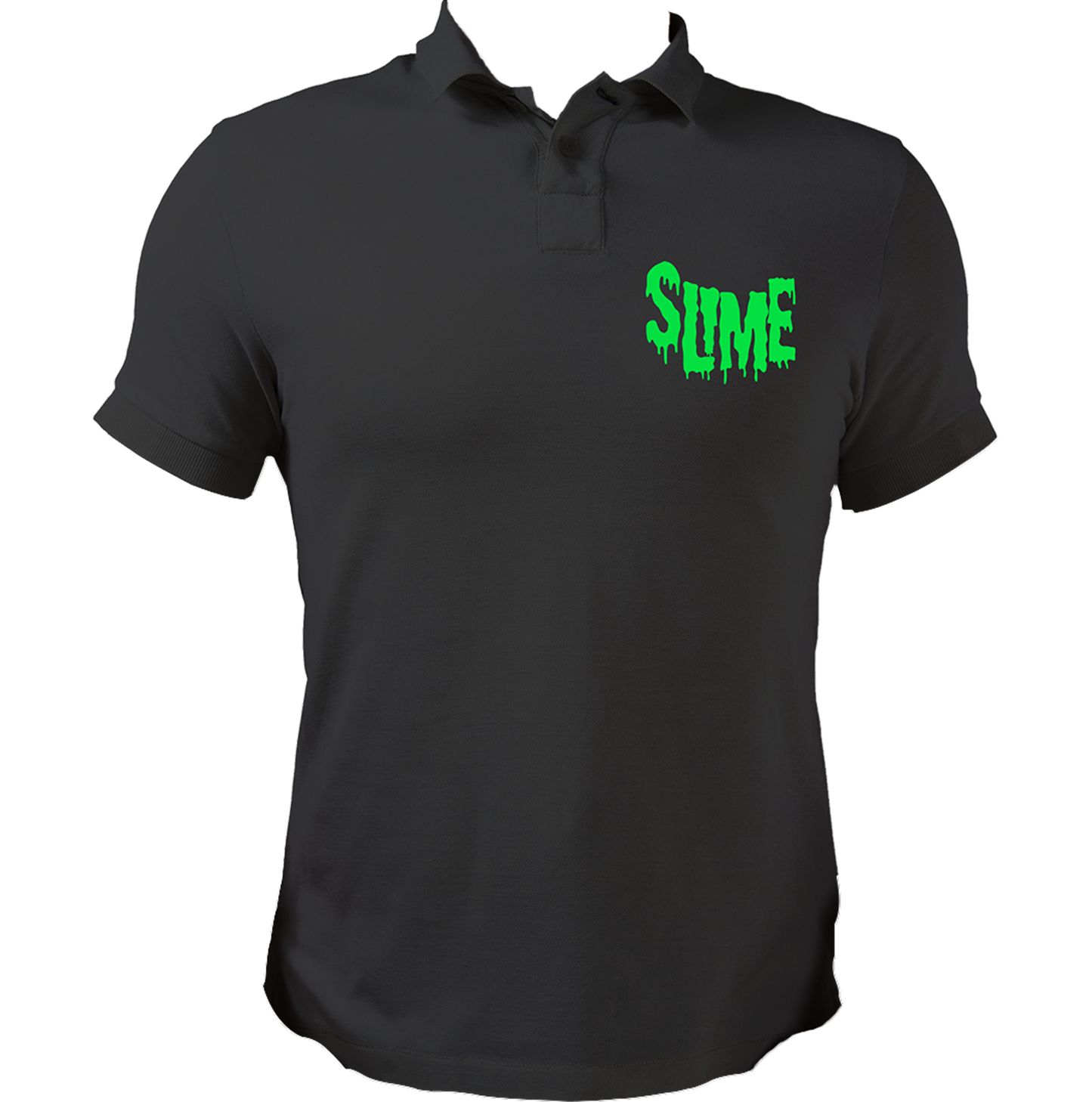 Black Slime Polo T-Shirt with bright green melting SLIME typography print