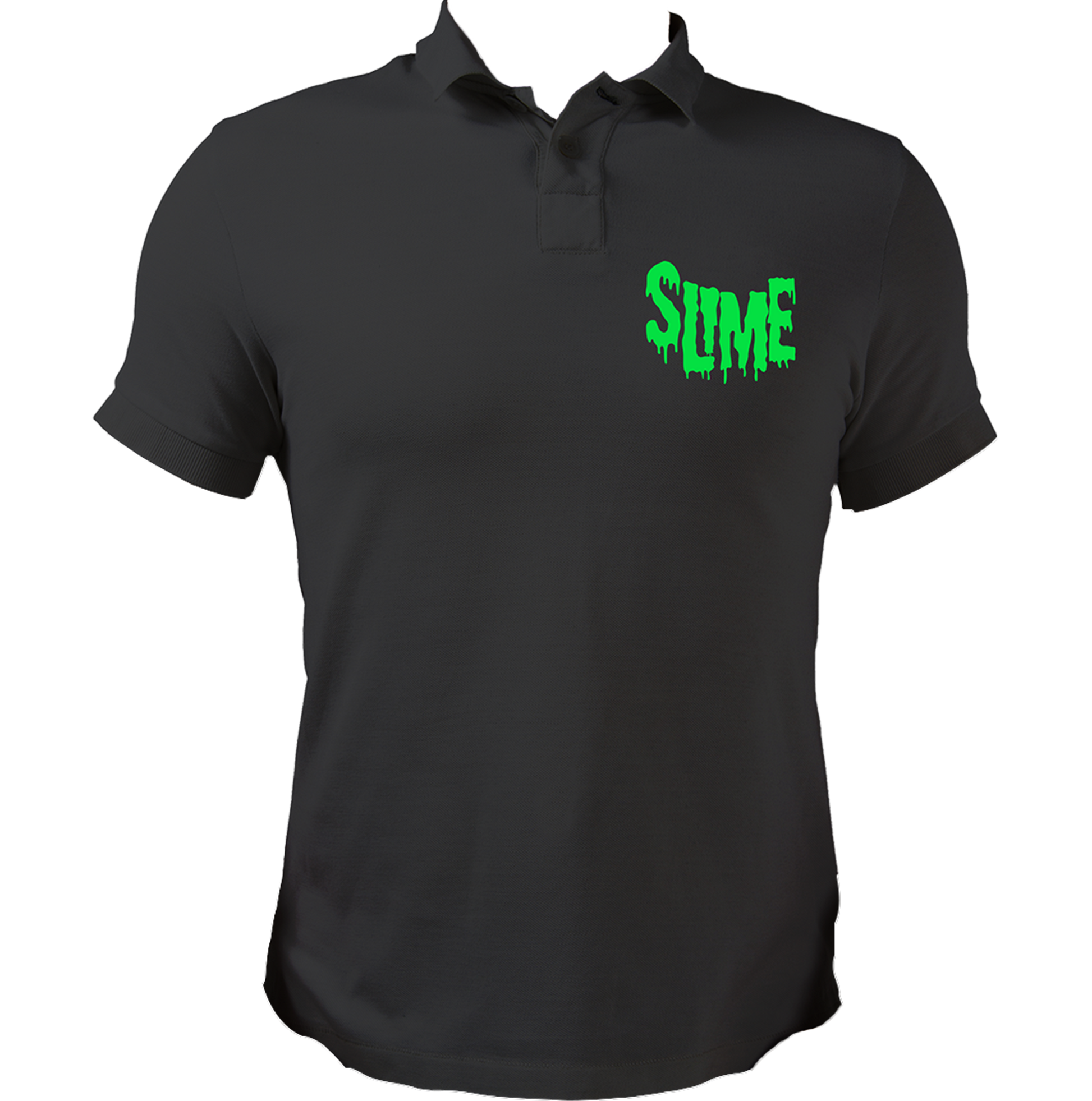 Black Slime Polo T-Shirt with bright green melting SLIME typography print