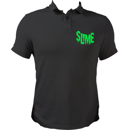 Black Slime Polo T-Shirt with bright green melting SLIME typography print