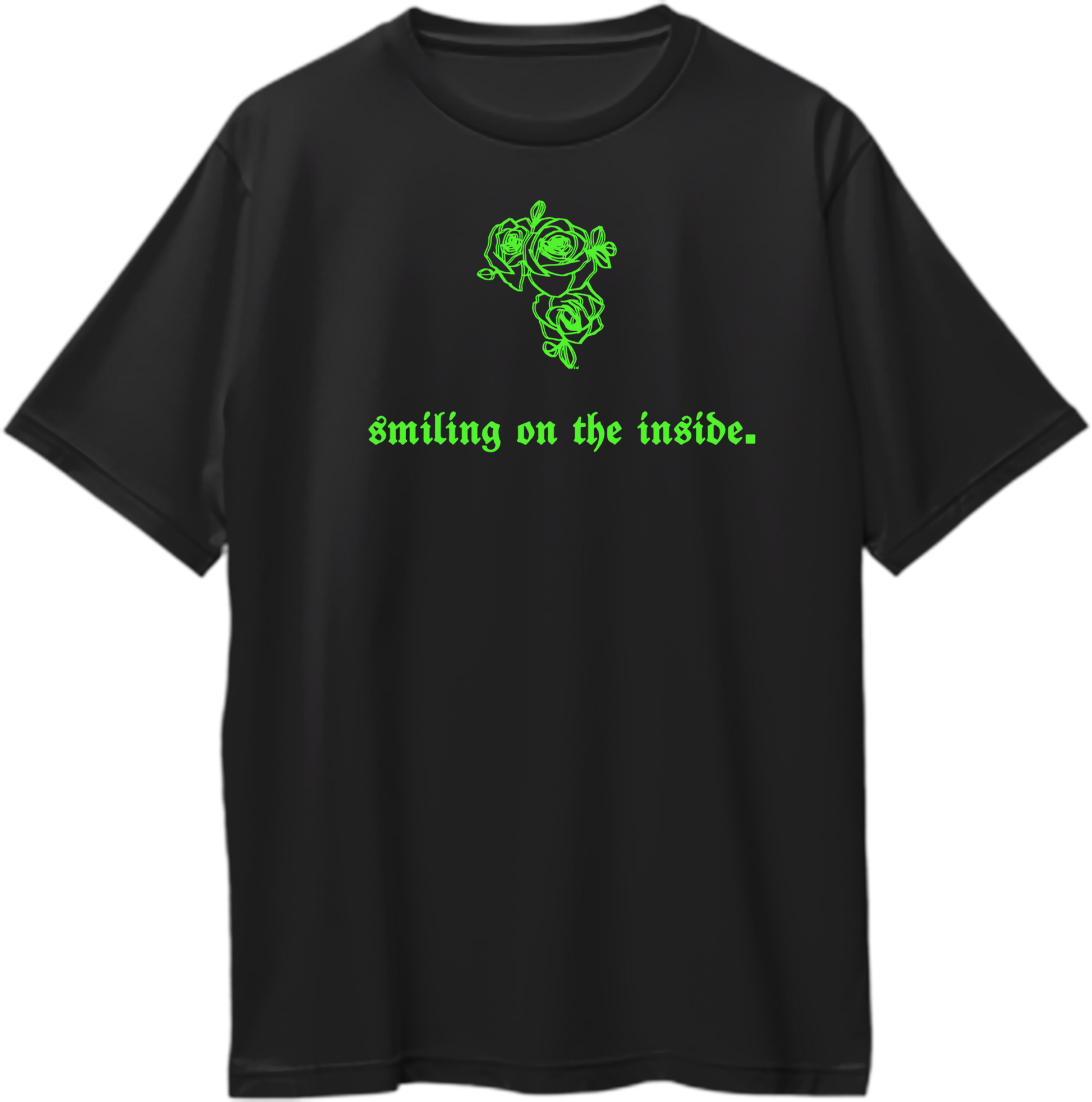 Black Smiling On The Inside Oversized T-Shirt with neon green rose graphic and gothic quote print
