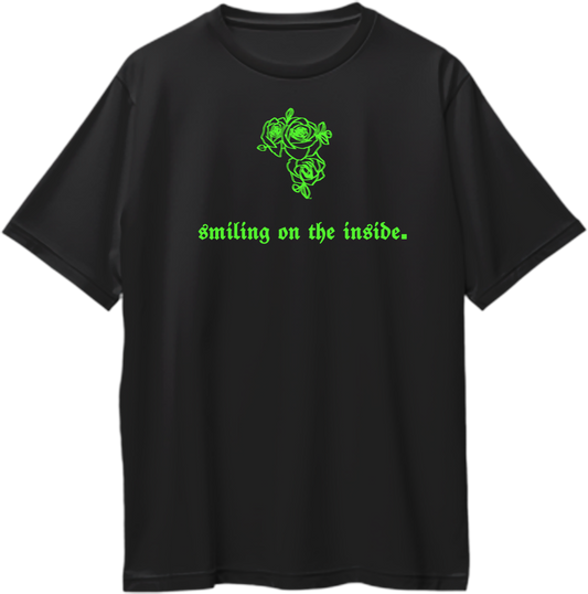 Black Smiling On The Inside Oversized T-Shirt with neon green rose graphic and gothic quote print