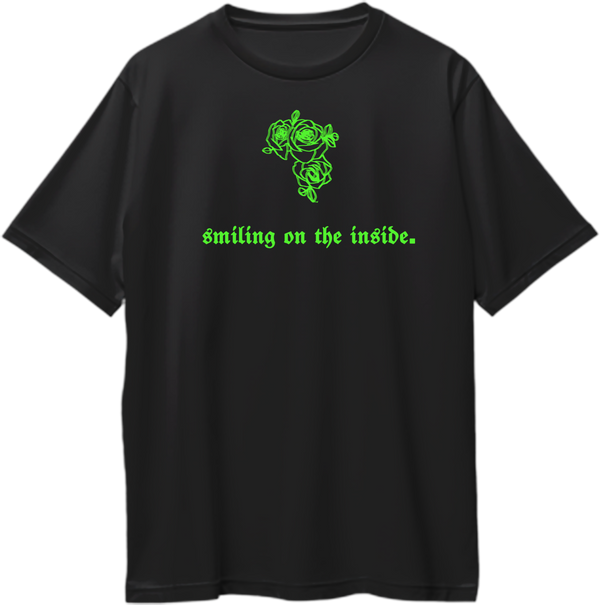 Black Smiling On The Inside Oversized T-Shirt with neon green rose graphic and gothic quote print
