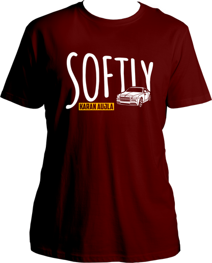 Front view of the Softly Karan Aujla Unisex T-Shirt, featuring bold text inspired by the hit track Softly from the album Making Memories