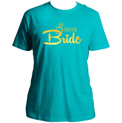 Aqua Blue Soon To Be Bride Golden Reflective Unisex T-Shirt by Garrari for bachelorette party and bridal trip