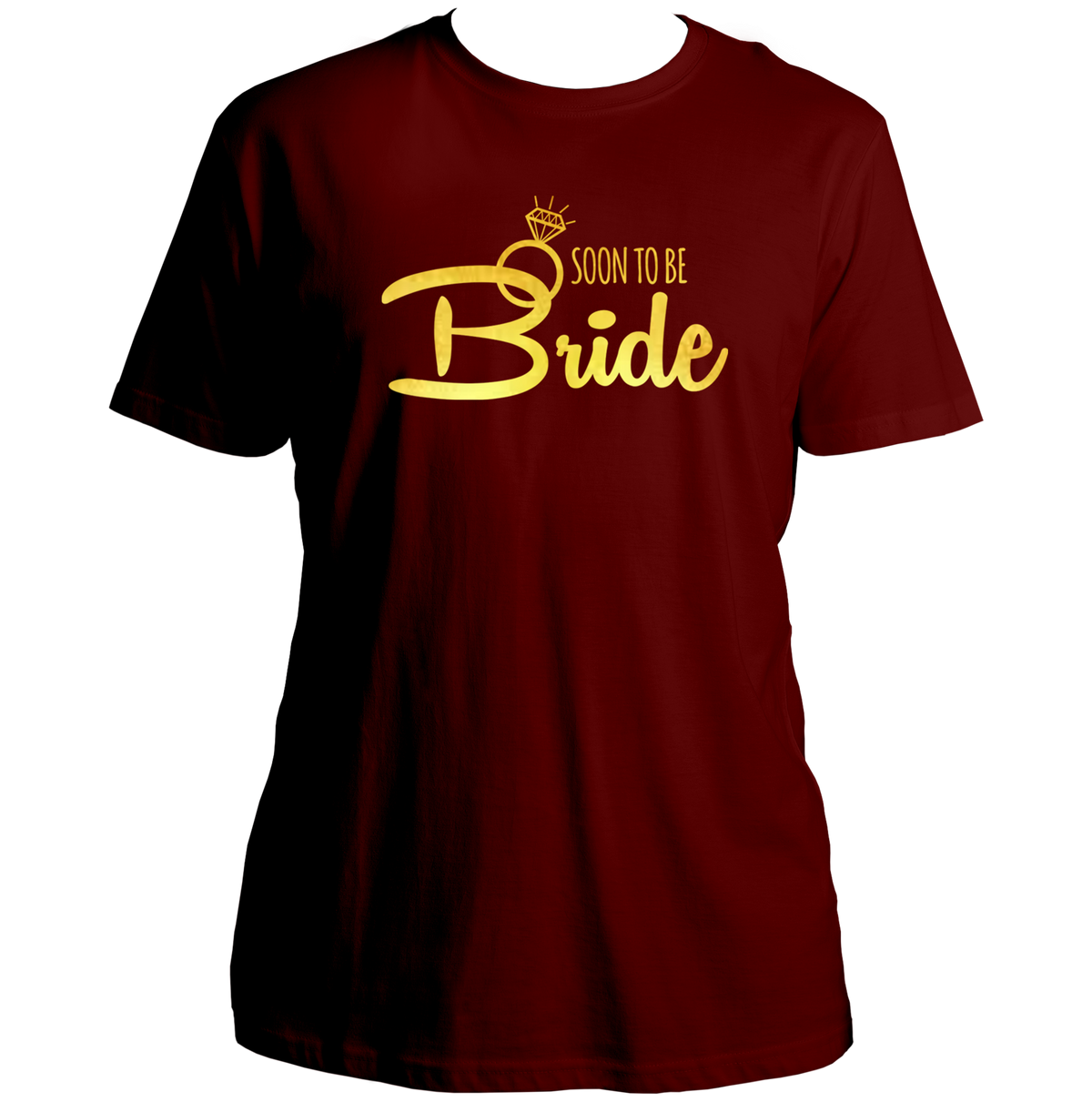 Maroon Soon To Be Bride Golden Reflective Unisex T-Shirt by Garrari for bachelorette party and girls’ trip
