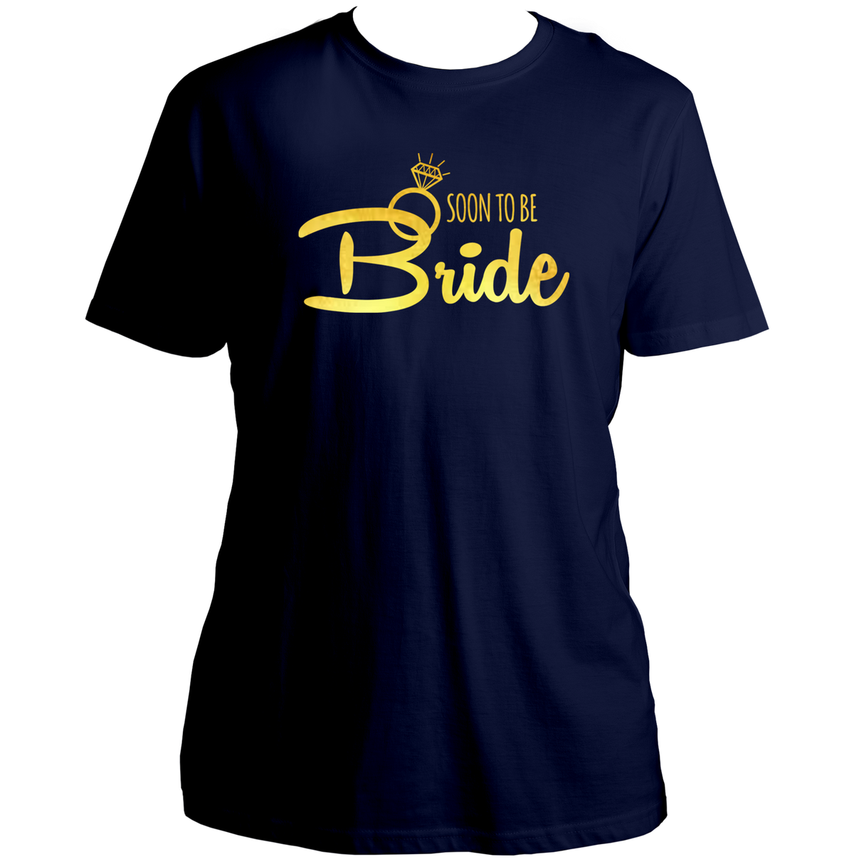 Navy Blue Soon To Be Bride Golden Reflective Unisex T-Shirt by Garrari with golden bridal ring print