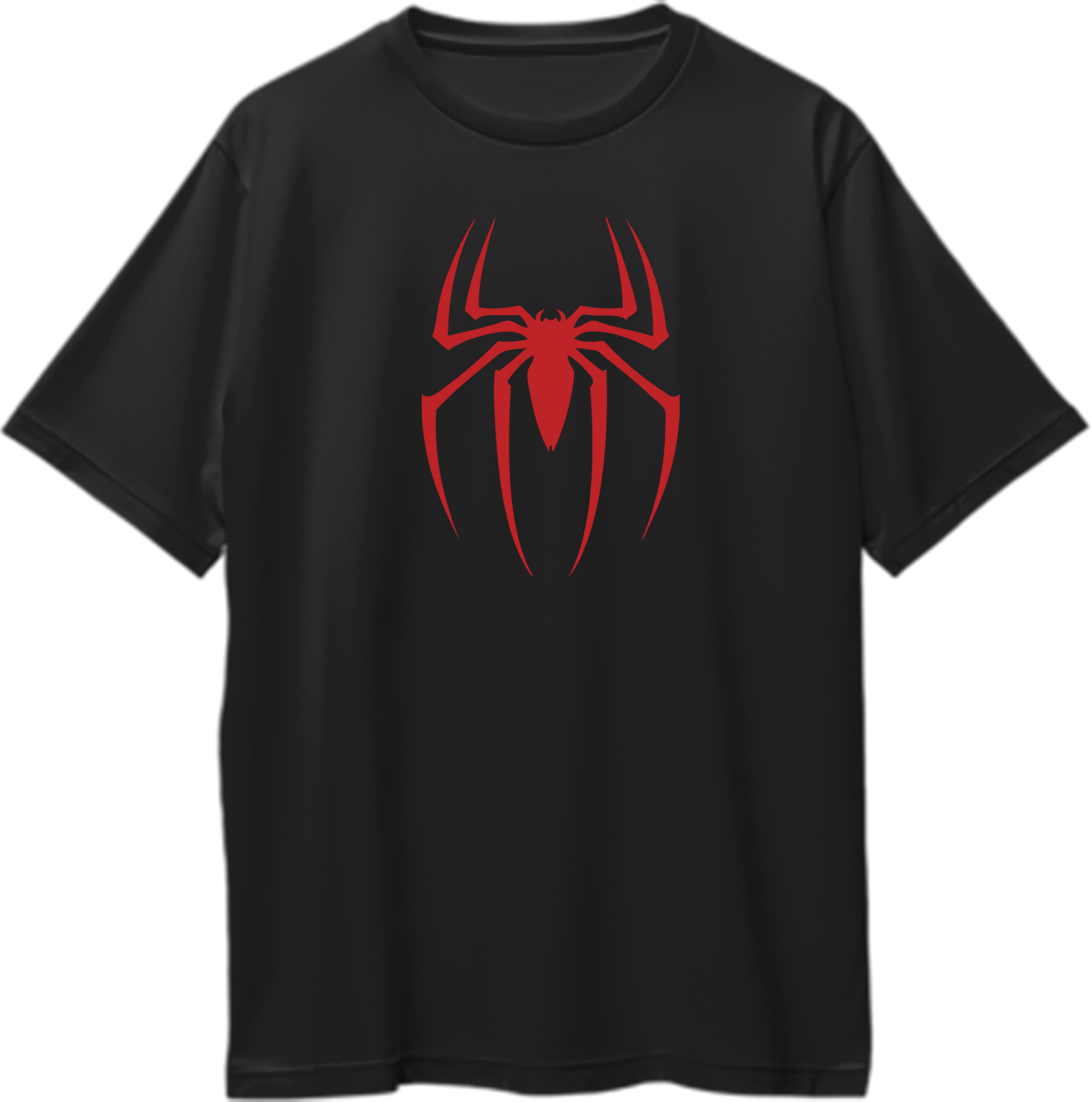 "Oversized unisex t-shirt with Spidey logo, representing Parker's heroic journey as a Friendly Neighborhood protector."