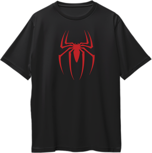 "Oversized unisex t-shirt with Spidey logo, representing Parker's heroic journey as a Friendly Neighborhood protector."