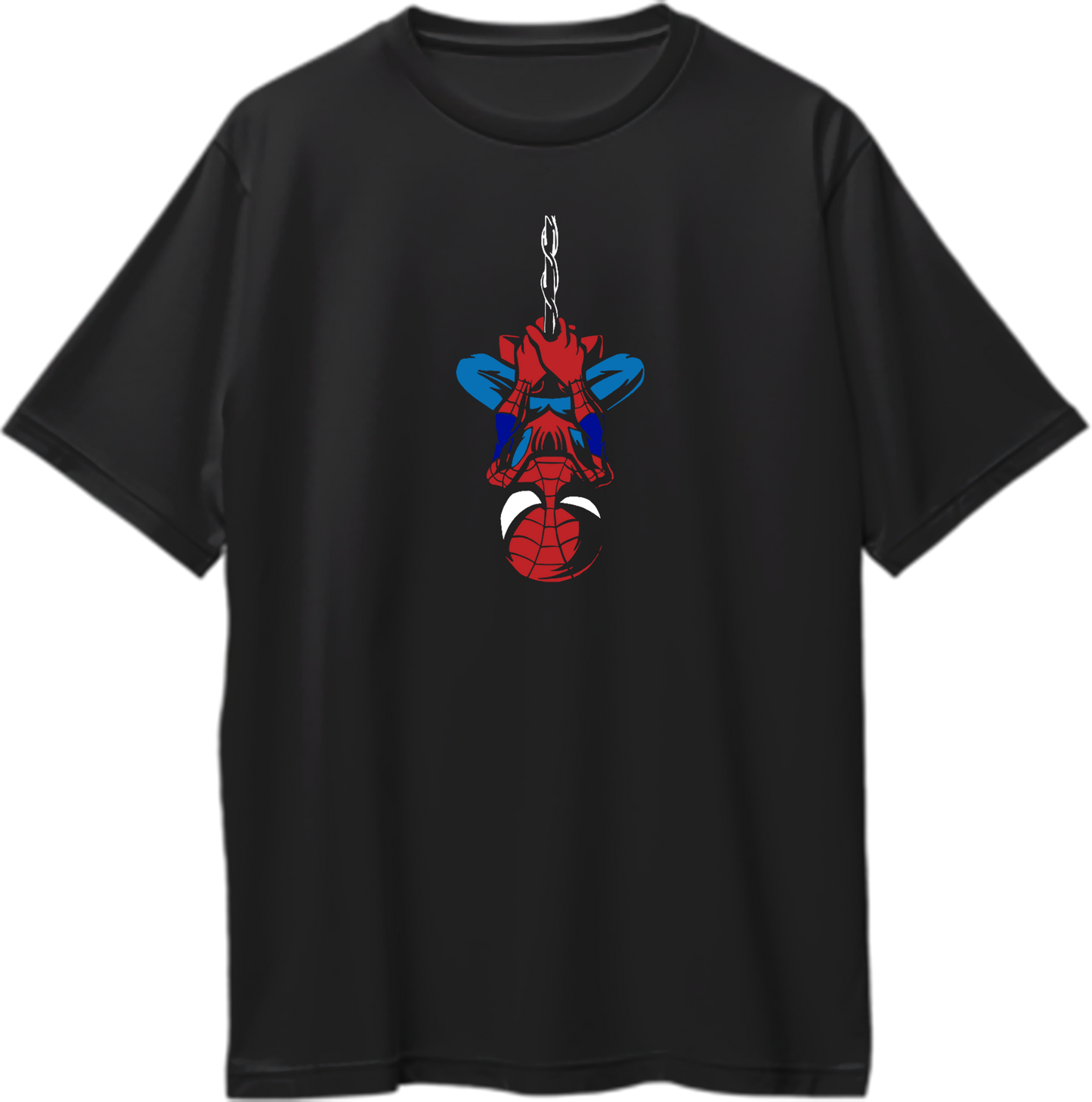 "Oversized unisex t-shirt featuring Spidey swinging upside down, perfect for web-slinger fans and superhero enthusiasts."