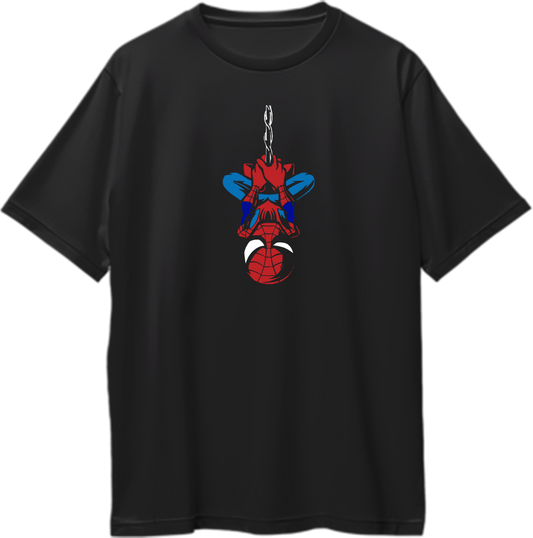 "Oversized unisex t-shirt featuring Spidey swinging upside down, perfect for web-slinger fans and superhero enthusiasts."