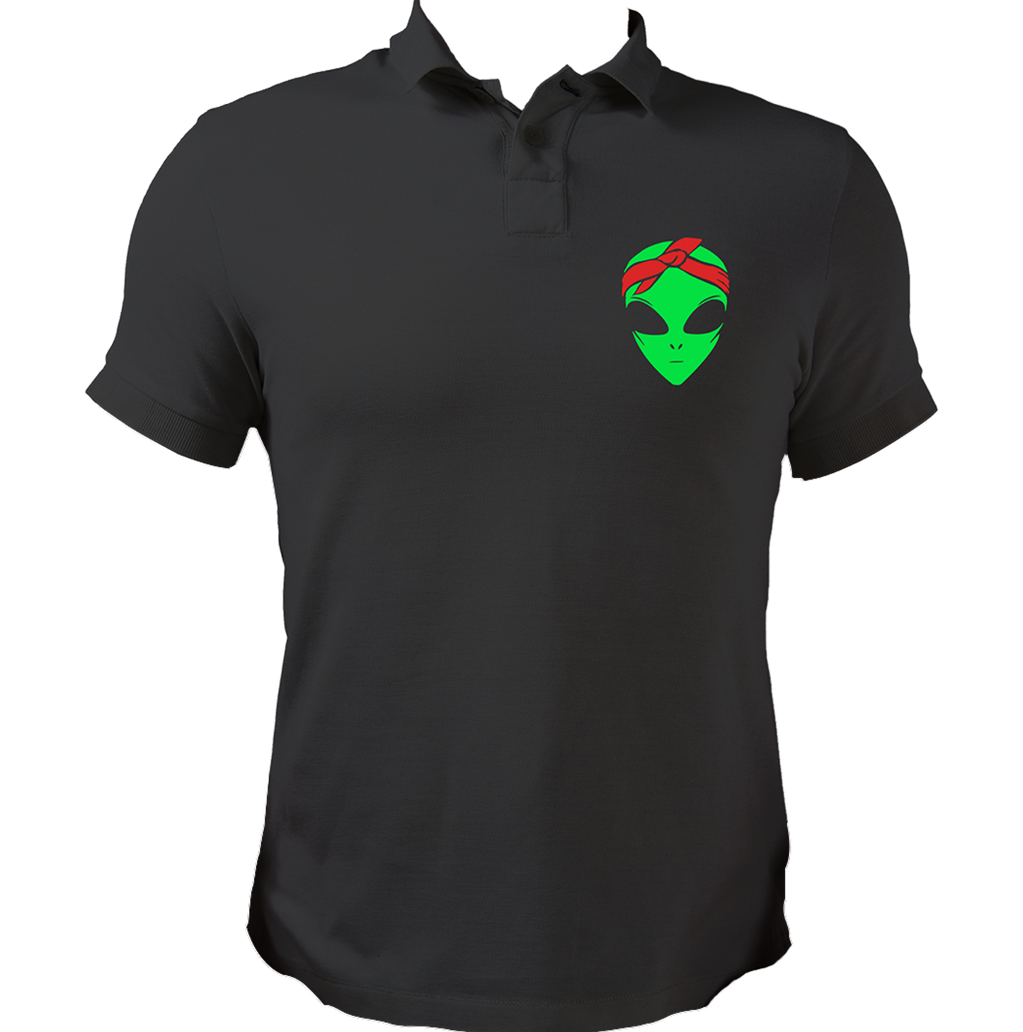 Black Stanny Alien Unisex Polo with quirky alien bandana chest print by Garrari
