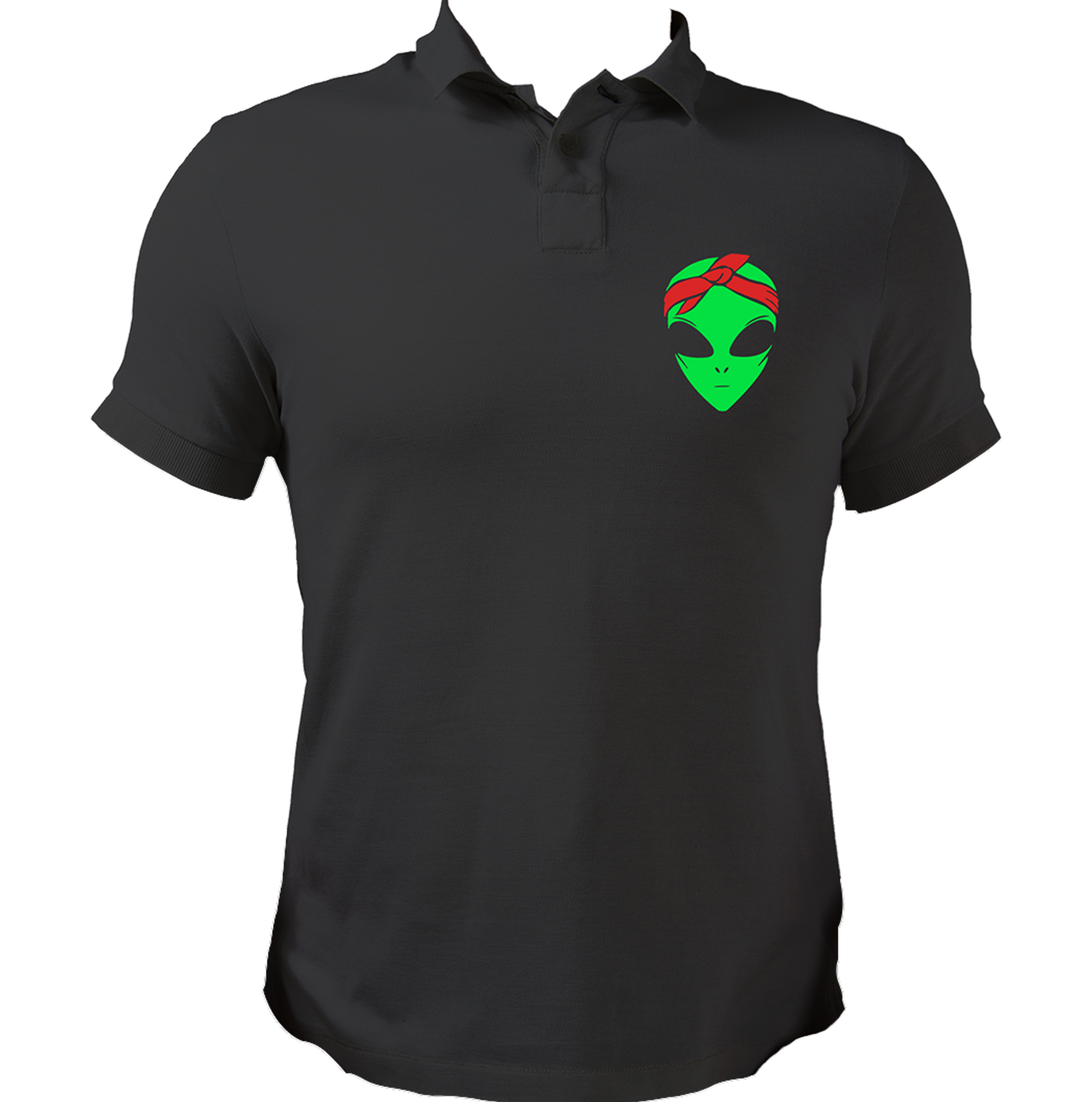 Black Stanny Alien Unisex Polo with quirky alien bandana chest print by Garrari
