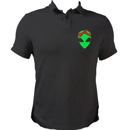 Black Stanny Alien Unisex Polo with quirky alien bandana chest print by Garrari