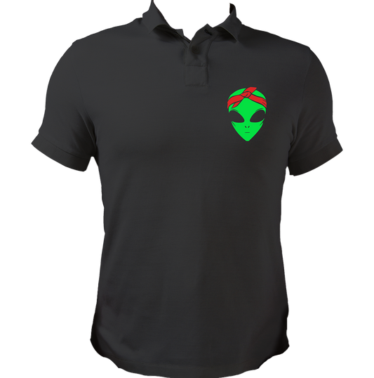 Black Stanny Alien Unisex Polo with quirky alien bandana chest print by Garrari