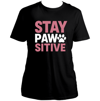 Black Stay Pawsitive Unisex T-Shirt with pink and white paw typography print