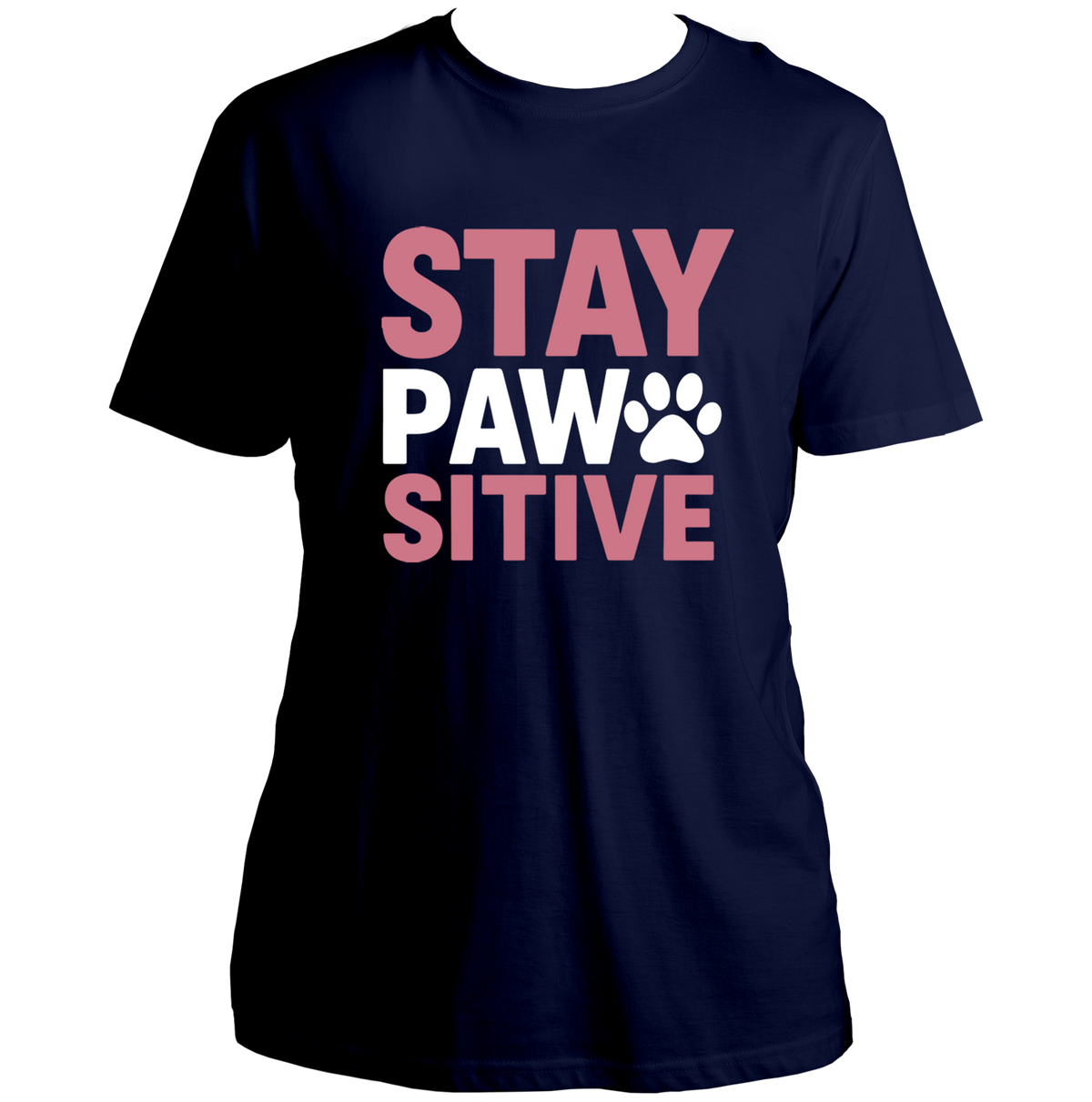 Navy Blue Stay Pawsitive Unisex T-Shirt with pink and white paw typography print