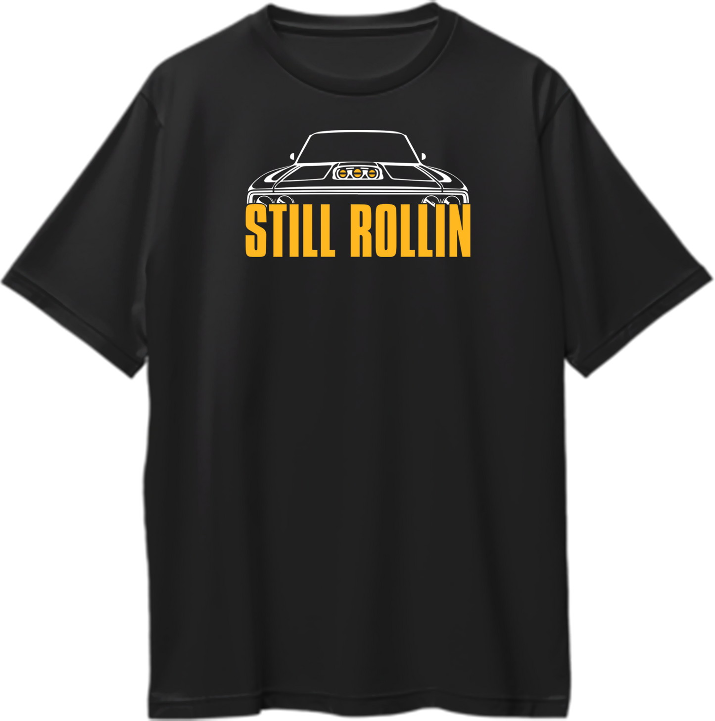 Black Still Rollin Oversized T-Shirt with white muscle car graphic and orange typography