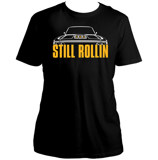 Black Still Rollin Unisex T-Shirt with white car graphic and orange typography