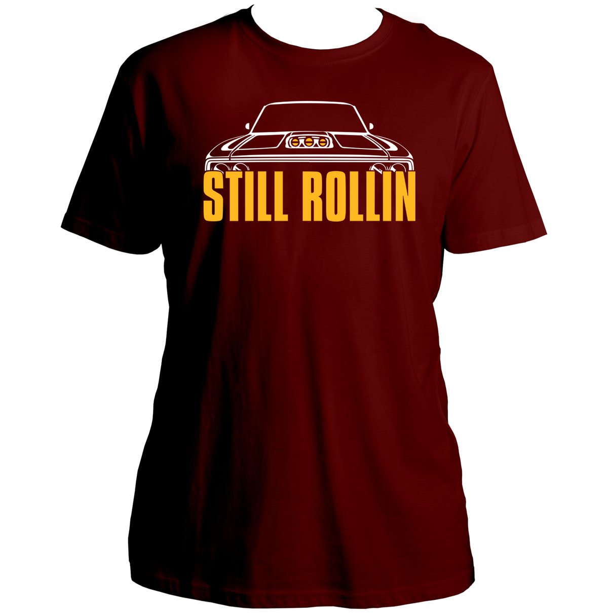 Maroon Still Rollin Unisex T-Shirt with Still Rollin car graphic print