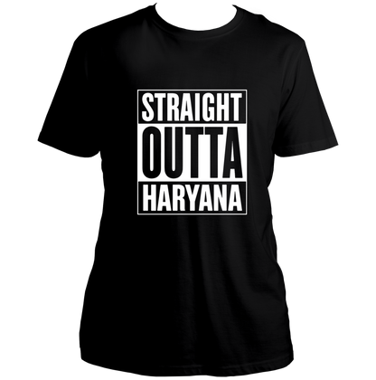Black Straight Outta Haryana Unisex T-Shirt with contrasting Haryana statement print