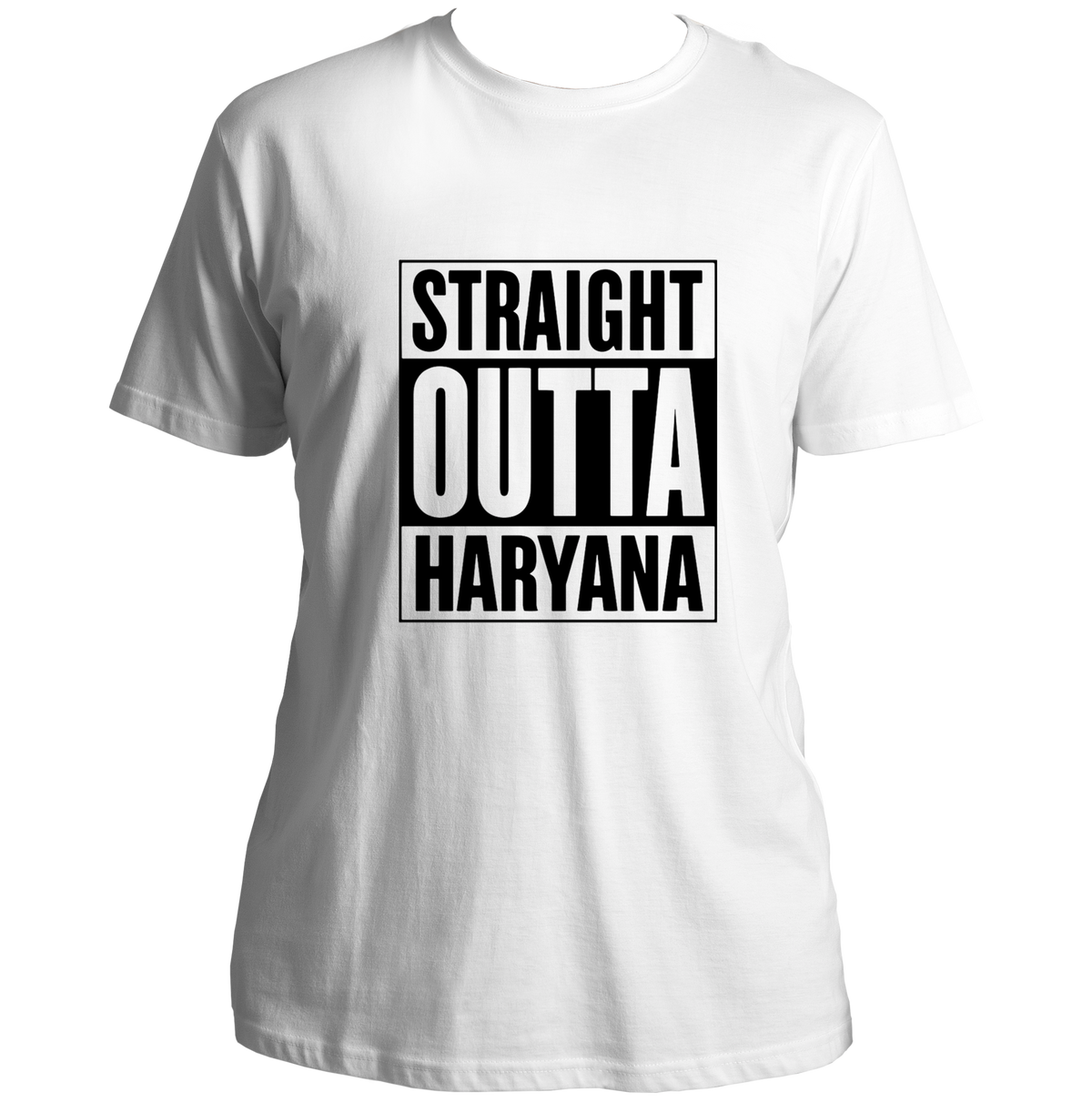 White Straight Outta Haryana Unisex T-Shirt with bold black typography