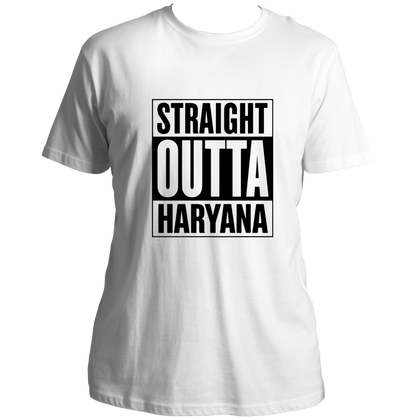 White Straight Outta Haryana Unisex T-Shirt with bold black typography