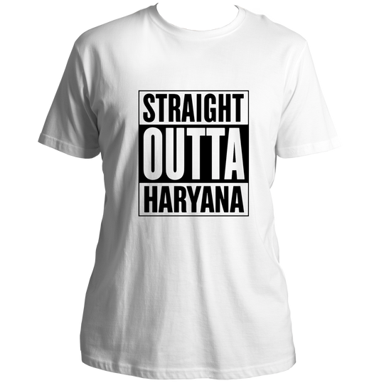 White Straight Outta Haryana Unisex T-Shirt with bold black typography