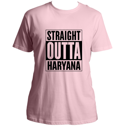 Baby Pink Straight Outta Haryana Unisex T-Shirt with bold black typography