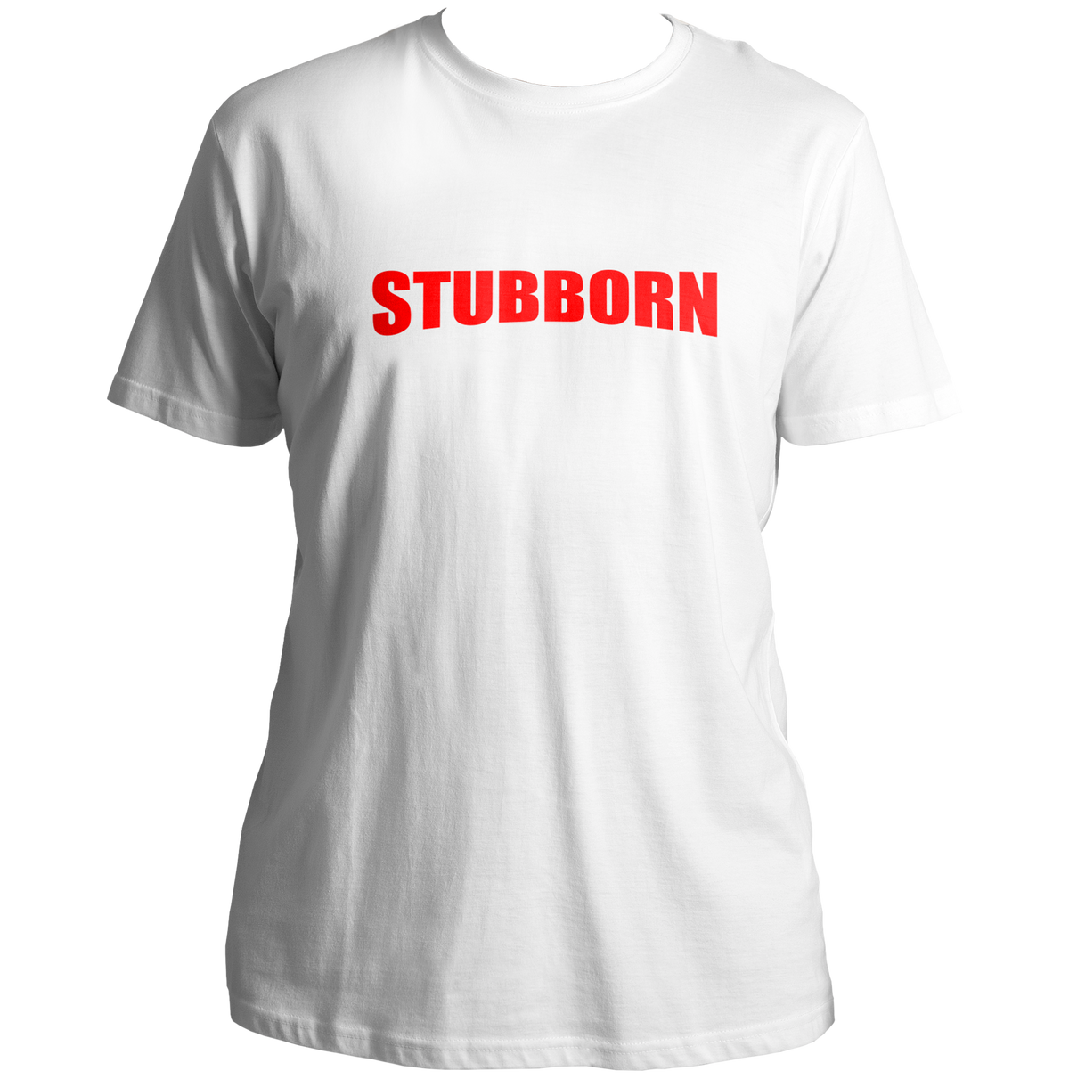 White Stubborn Unisex T-Shirt with bold red typography print