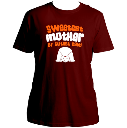 Maroon Sweetest Mother of Cutest Baby Unisex T-Shirt by Garrari with orange white typography and baby illustration