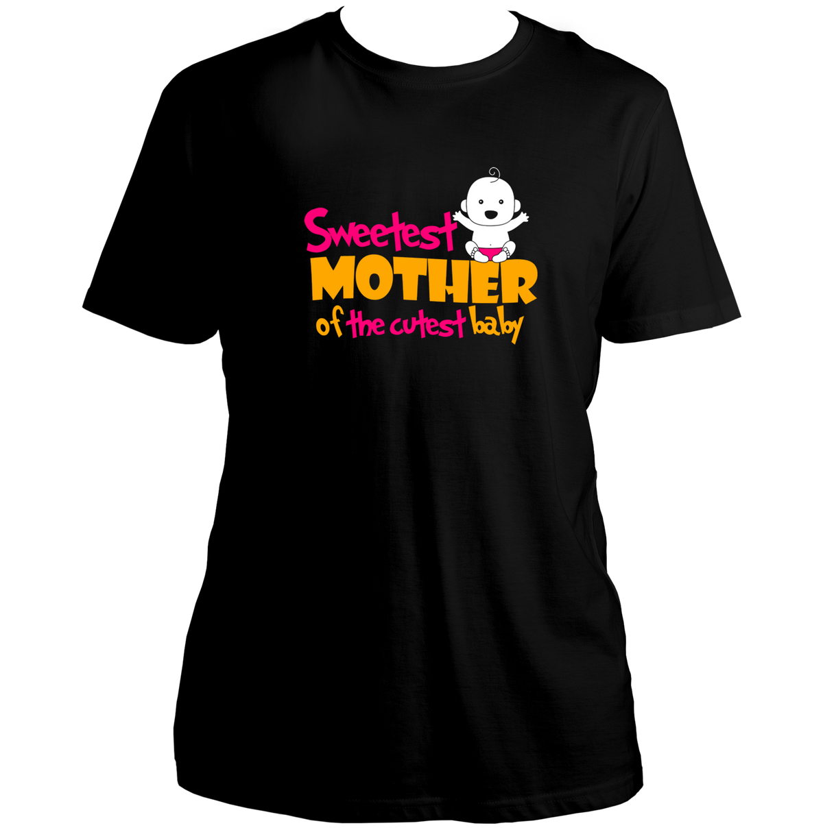 Black Sweetest Mother of the Cutest Baby Unisex T-Shirt by Garrari with colorful new mom and baby graphic