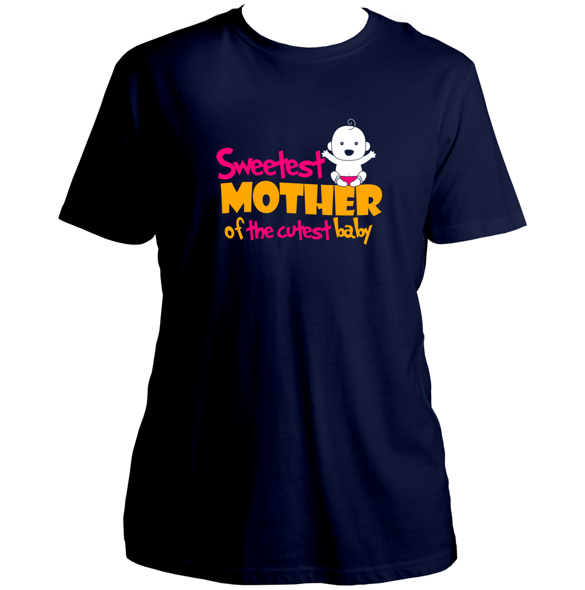 Navy Blue Sweetest Mother of the Cutest Baby Unisex T-Shirt by Garrari with colorful mom and baby typography design