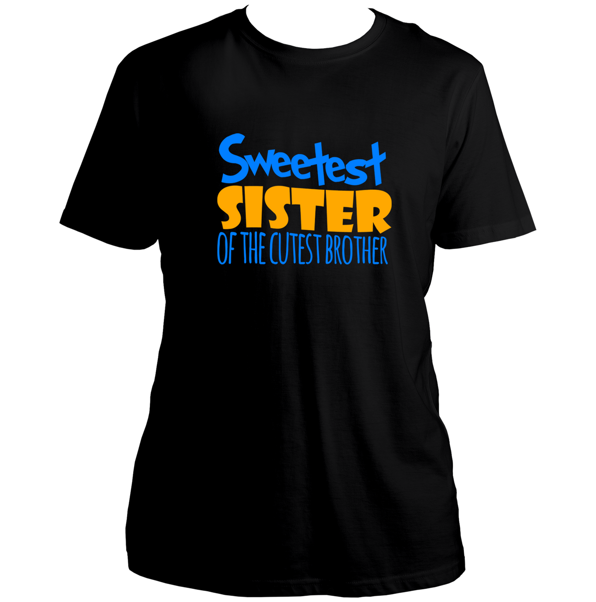 Black Sweetest Sister Of The Cutest Brother Unisex T-Shirt by Garrari with blue and yellow statement graphic