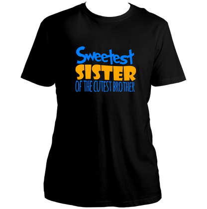 Black Sweetest Sister Of The Cutest Brother Unisex T-Shirt by Garrari with blue and yellow statement graphic