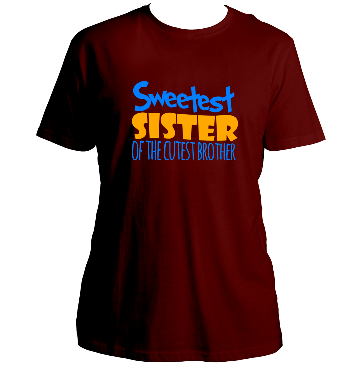 Maroon Sweetest Sister Of The Cutest Brother Unisex T-Shirt by Garrari with blue and yellow sister typography print