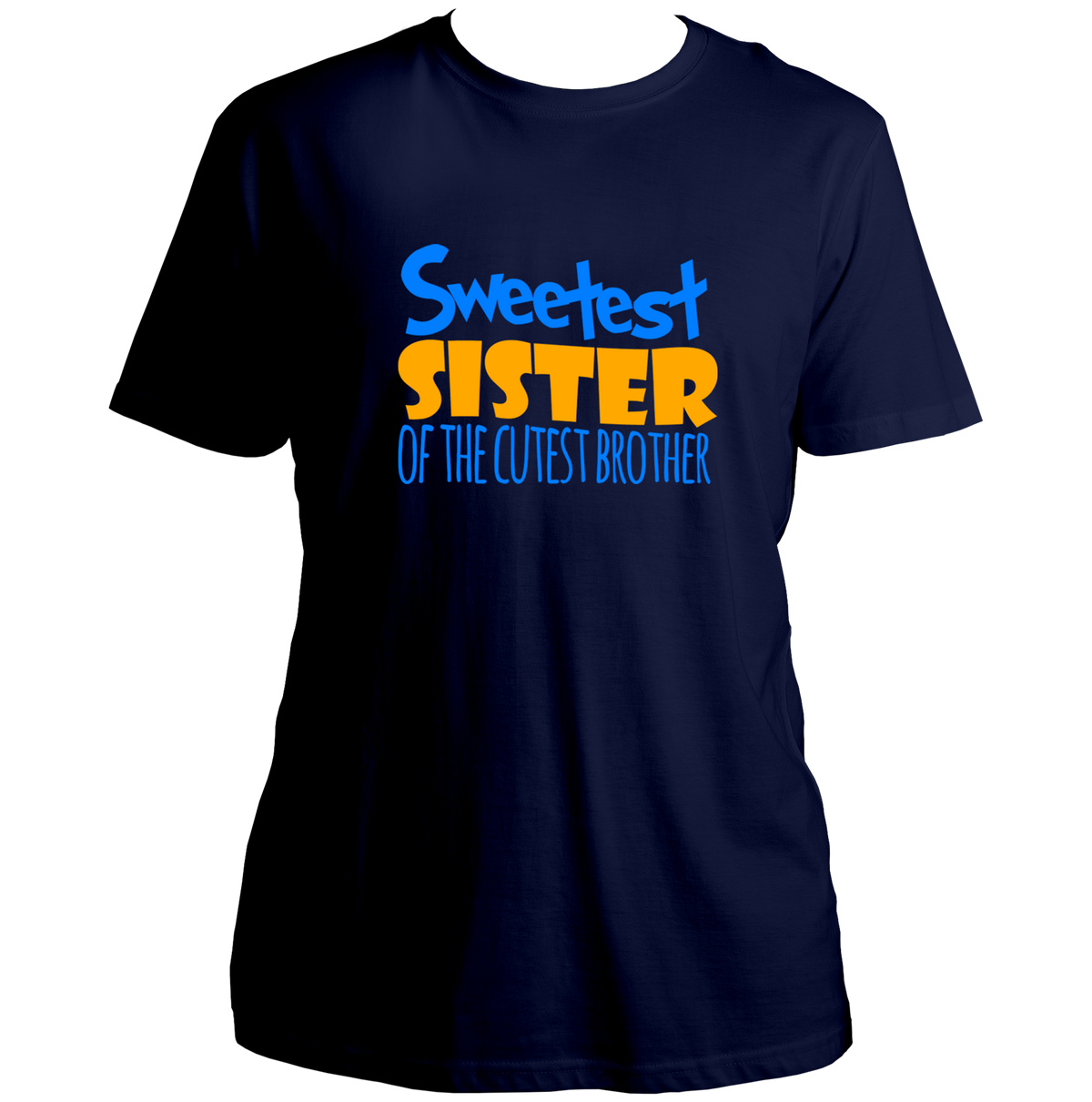Navy Blue Sweetest Sister Of The Cutest Brother Unisex T-Shirt by Garrari with contrast blue and yellow sister quote print